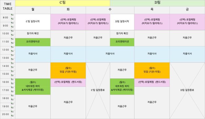 워케이션 프로그램 시간표 - A팀과 B팀의 주간 일정